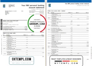 editable template, Canada Royal Bank of Canada (RBC) bank statement template in .xls and .pdf file format (4 pages) (AutoSum)