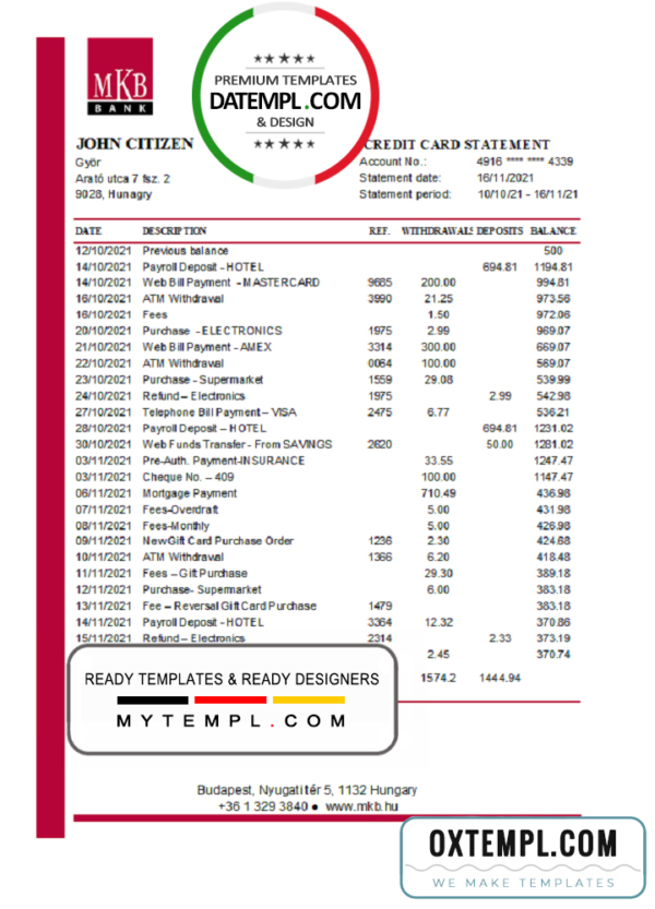 editable template, Hungary MKB Bank statement easy to fill template in .xls and .pdf file format
