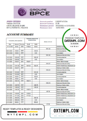 editable template, France Groupe BPCE bank statement easy to fill template in Excel and PDF format