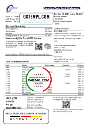 editable template, Canada CrawfordTech bank proof of address statement template in Word and PDF format (.doc and .pdf)