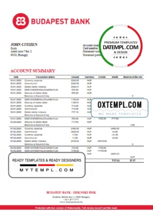 editable template, Hungary Budapest Bank - Szolnoki Fiók bank statement template in Word and PDF format