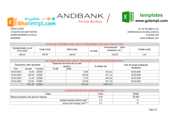 editable template, Andorra Andbank bank statement template in Excel and PDF format