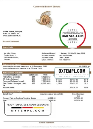 editable template, Ethiopia Commercial Bank of Ethiopia bank statement template in Word and PDF format, good for address prove