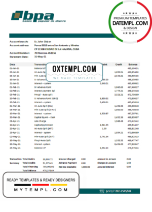 editable template, Cuba Banco Popular de Ahorro (BPA) bank statement easy to fill template in Excel and PDF format