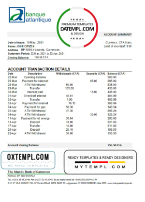 editable template, Cameroon Atlantic bank statement template in Excel and PDF format