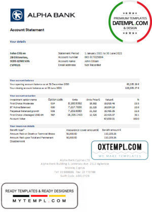 editable template, Cyprus Alpha Bank statement easy to fill template in Excel and PDF format