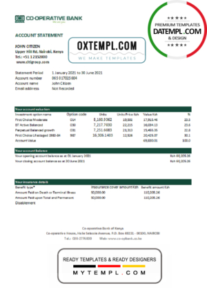 editable template, Kenya Co-operative Bank of Kenya bank statement easy to fill template in Excel and PDF format