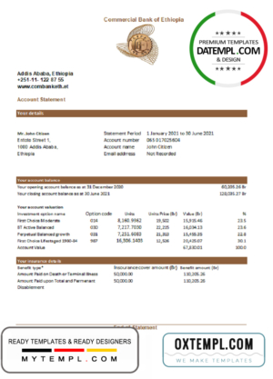 editable template, Ethiopia Commercial Bank statement easy to fill template in Excel and PDF format