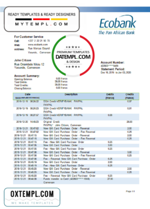 editable template, Cameroon Ecobank statement template in Word and PDF format