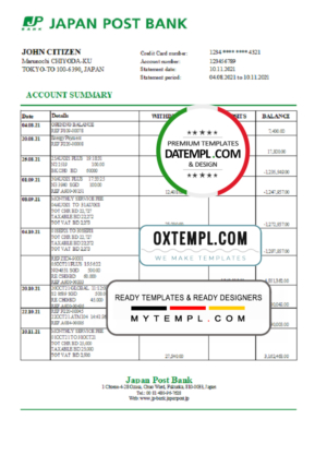 editable template, Japan Post bank statement easy to fill template in Excel and PDF format