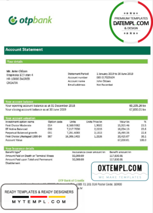 editable template, Croatia OTP proof of address bank statement template in Word and PDF format, .doc and .pdf format