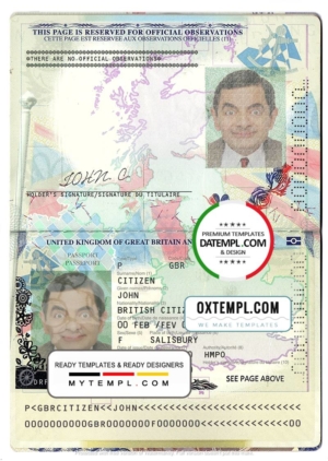 editable template, United Kingdom of Great Britain and Northern Ireland passport template in PSD format, + editable PSD photo look