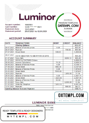 editable template, Estonia Luminor bank statement easy to fill template in .xls and .pdf file format