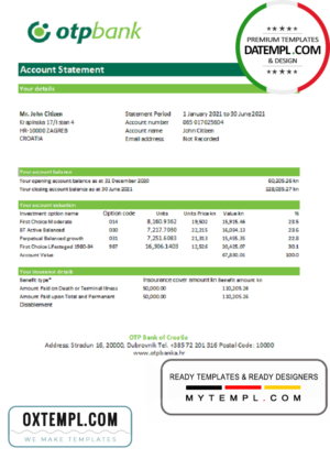 editable template, Croatia OTP Bank statement easy to fill template in Excel and PDF format