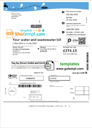 editable template, United Kingdom United Utilities water utility bill template in Word and PDF format