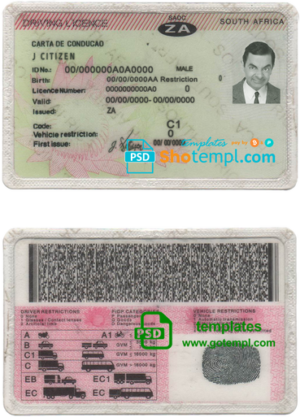 editable template, South Africa driving license template in PSD format