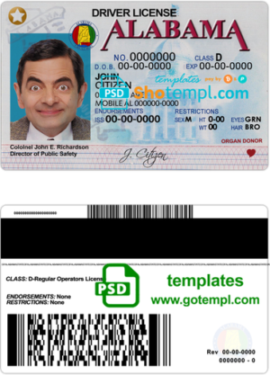 editable template, USA Alabama driving license template in PSD format