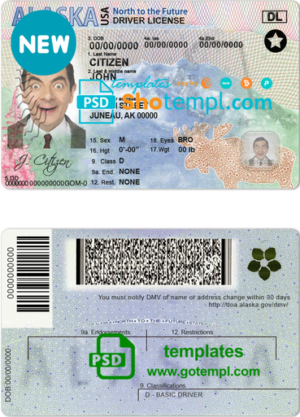 editable template, USA Alaska state driving license template in PSD format, with all fonts