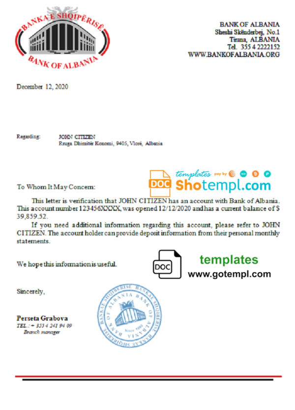 editable template, Albania Bank of Albania bank reference letter template in Word and PDF format