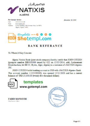 editable template, Algeria Natixis Algerie bank reference letter template in Word and PDF format