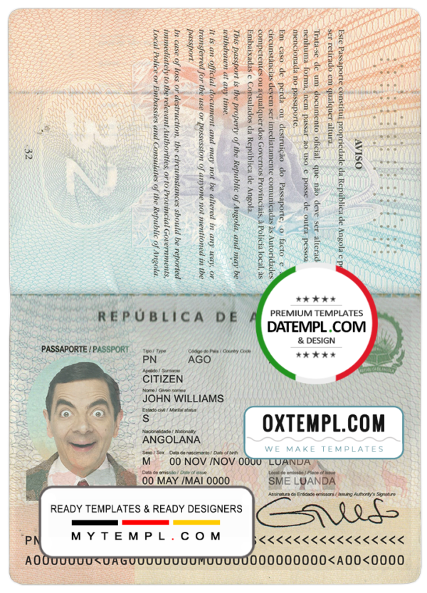 editable template, Angola passport template in PSD format, fully editable, with all fonts