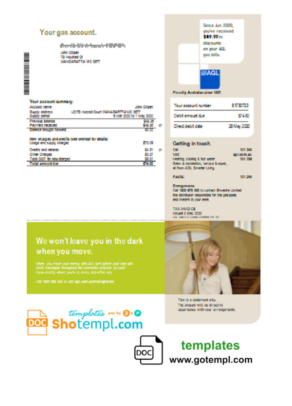 editable template, Australia AGL gas utility bill template in Word and PDF format