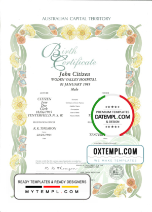 editable template, Australia Australian Capital Territory decorative (commemorative) birth certificate template in PSD format