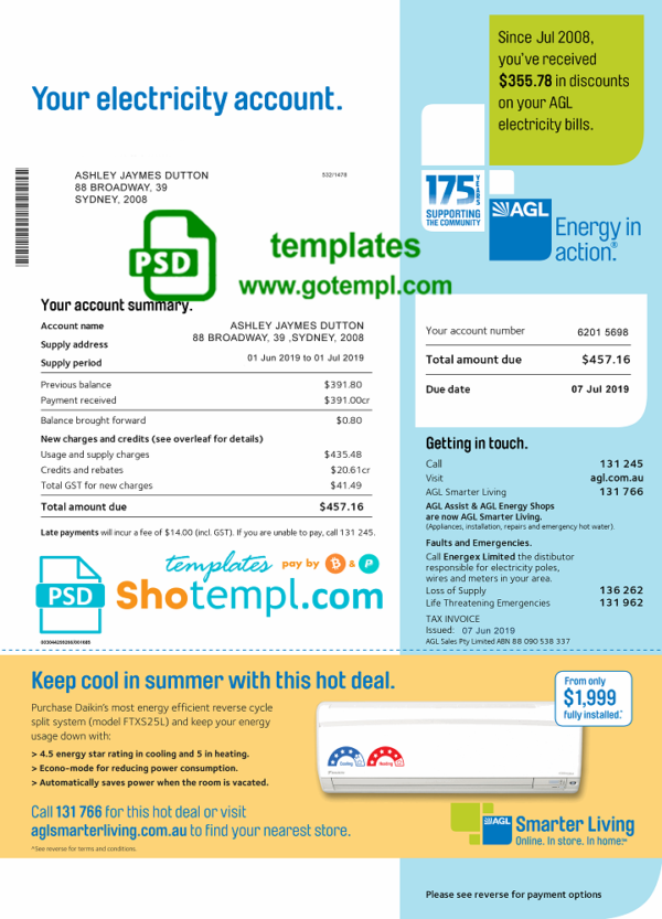 editable template, Australia AGL electricity utility bill template, fully editable in PSD format