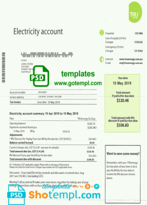 editable template, Australia Tru electricity utility bill template, fully editable in PSD format