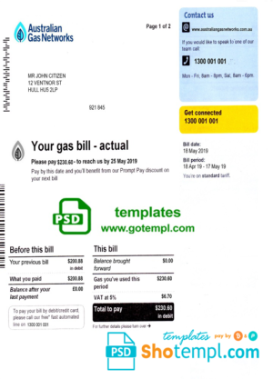 editable template, Australia gas utility bill template fully editable in PSD format