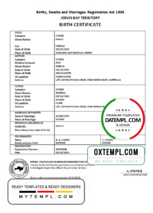 editable template, Australia Jervis Bay territory birth certificate template in Word and PDF format
