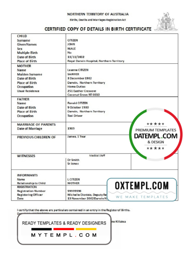 editable template, Australia Northern Territory of Australia birth certificate template in Word format