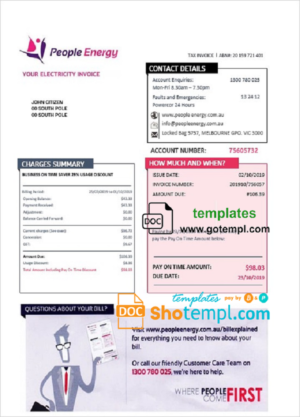 editable template, Australia People Energy electricity utility bill template in Word and PDF format