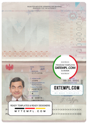 editable template, Austria passport template in PSD format (+ editable PSD photo look)