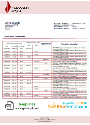 editable template, Austria BAWAG PSK bank statement template in Word and PDF format