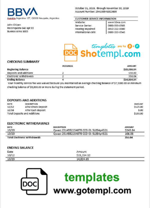 editable template, Argentina BBVA proof of address bank statement template in Word and PDF format (.doc and .pdf)