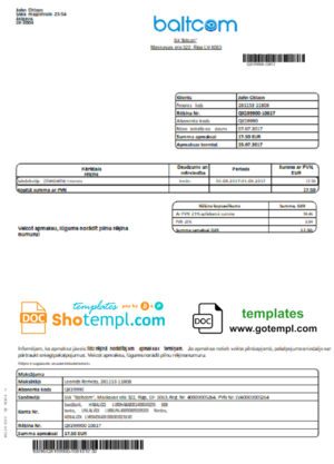 editable template, Latvia Baltcom telecommunications utility bill template in Word and PDF format (Latvian version)