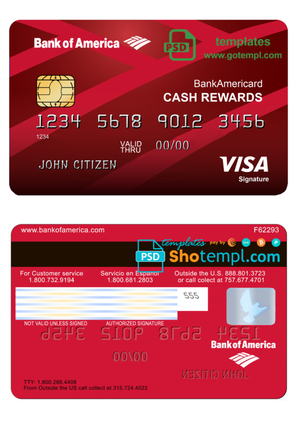 editable template, USA Bank of America Visa Card template in PSD format, fully editable