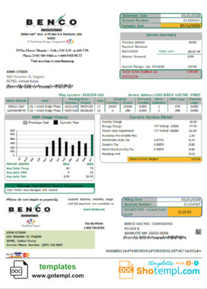 editable template, USA Minnesota Benco Elecric electricity easy fillable utility bill template in Word and PDF format (.doc and .pdf)