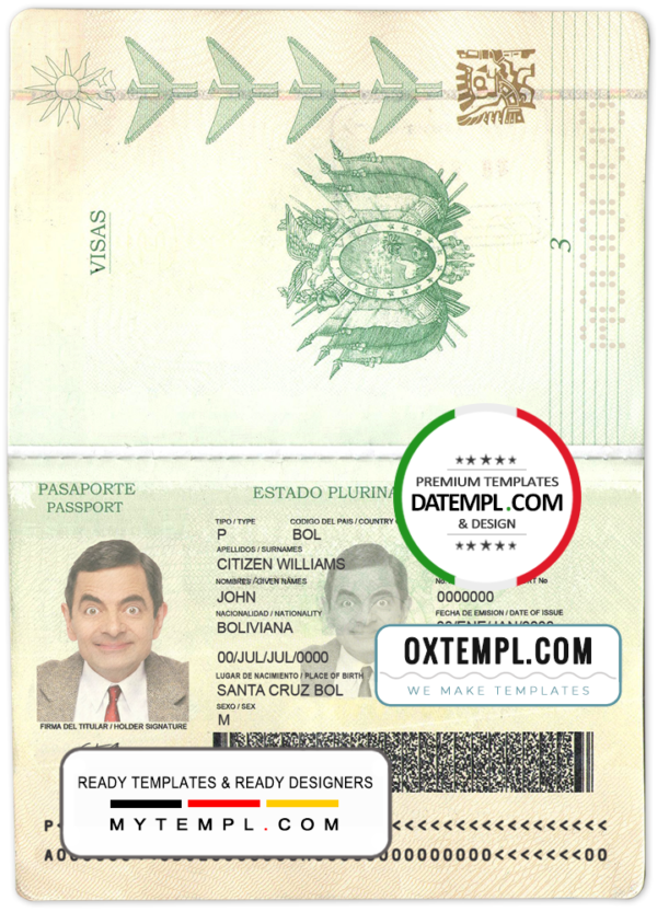 editable template, Bolivia passport template in PSD format, fully editable, with all fonts