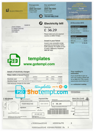 editable template, United Kingdom electricity utility bill template in PSD format