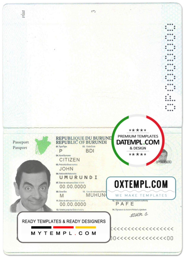 editable template, Burundi passport template in PSD format, fully editable