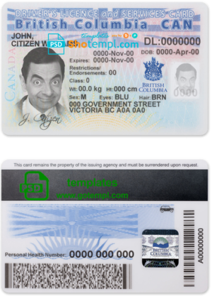 editable template, Canada province British Columbia driving license template in PSD format