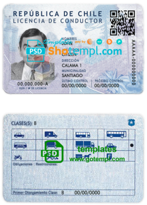 editable template, Chile driving license template in PSD format, fully editable, with all fonts