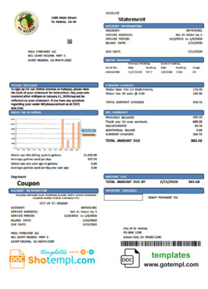 editable template, USA California City of St Helena utility bill template in Word and PDF format