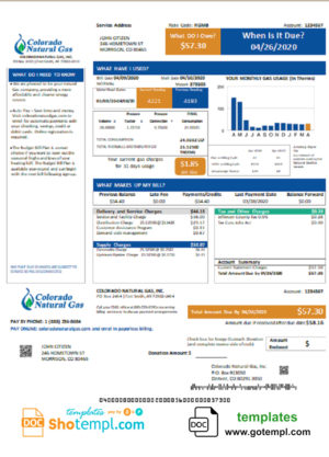 editable template, USA Colorado Natural Gas utility bill template in Word and PDF format