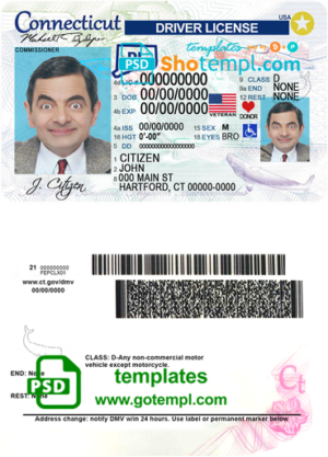 editable template, USA Connecticut driving license template in PSD format