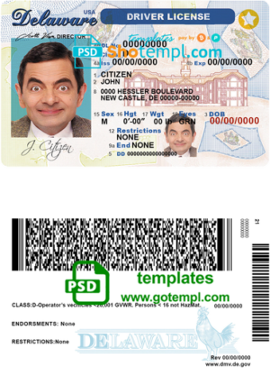 editable template, USA Delaware driver license template in PSD format