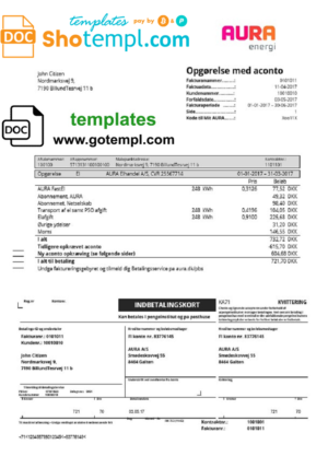 editable template, Denmark AURA Energi utility bill template in Word and PDF format