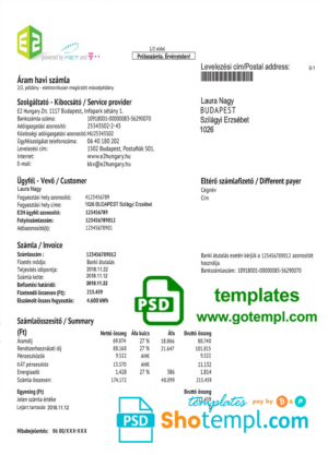 editable template, Hungary E2 utility bill template, fully editable in PSD format
